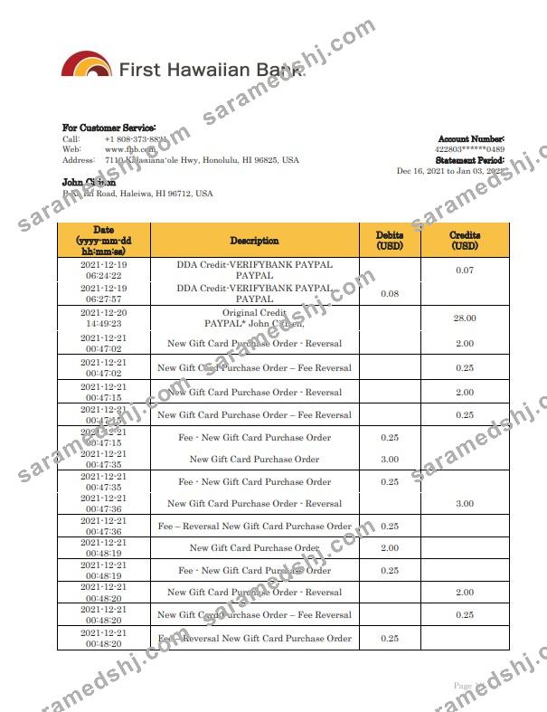 Hawaii First Hawaiian Bank statement bank statement template in Word and PDF format